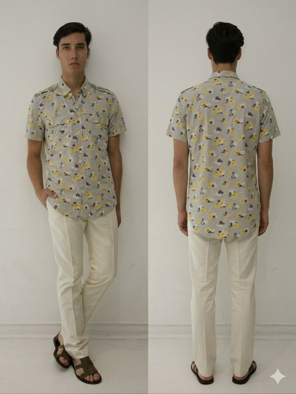 Marc by Marc Jacobs Gray Short-Sleeve Floral Button-Down with Yellow Accent